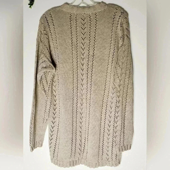 Jump Tricot Lenin Blend Beige 3D Embroidered Chunky Knit Sz L long Line Sweater - Picture 2 of 9